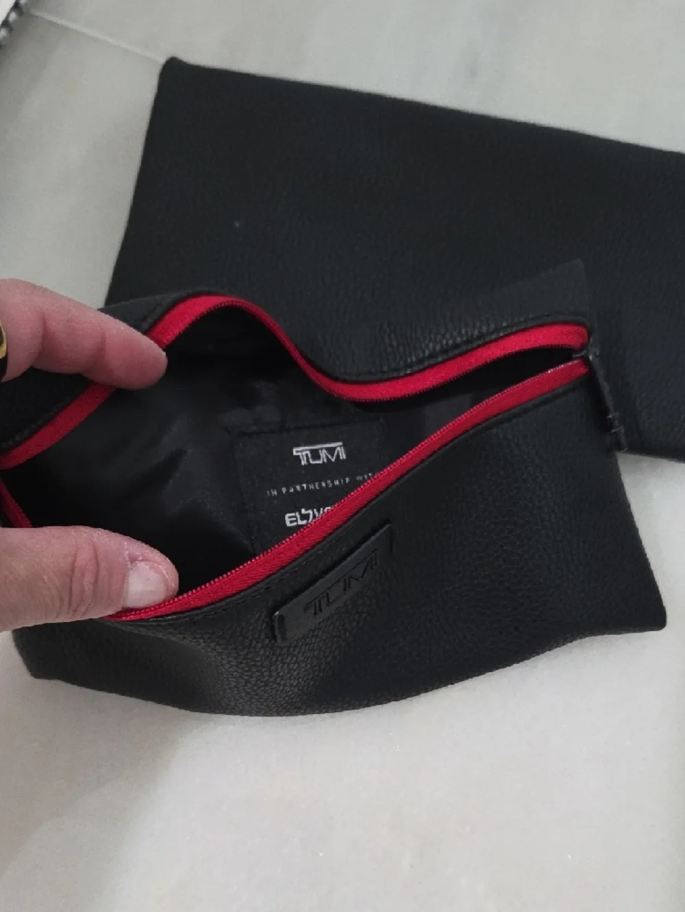 Tumi Black Pebbled Leather Double-Zip Pouch with Red Zippers 1 Pouch Include